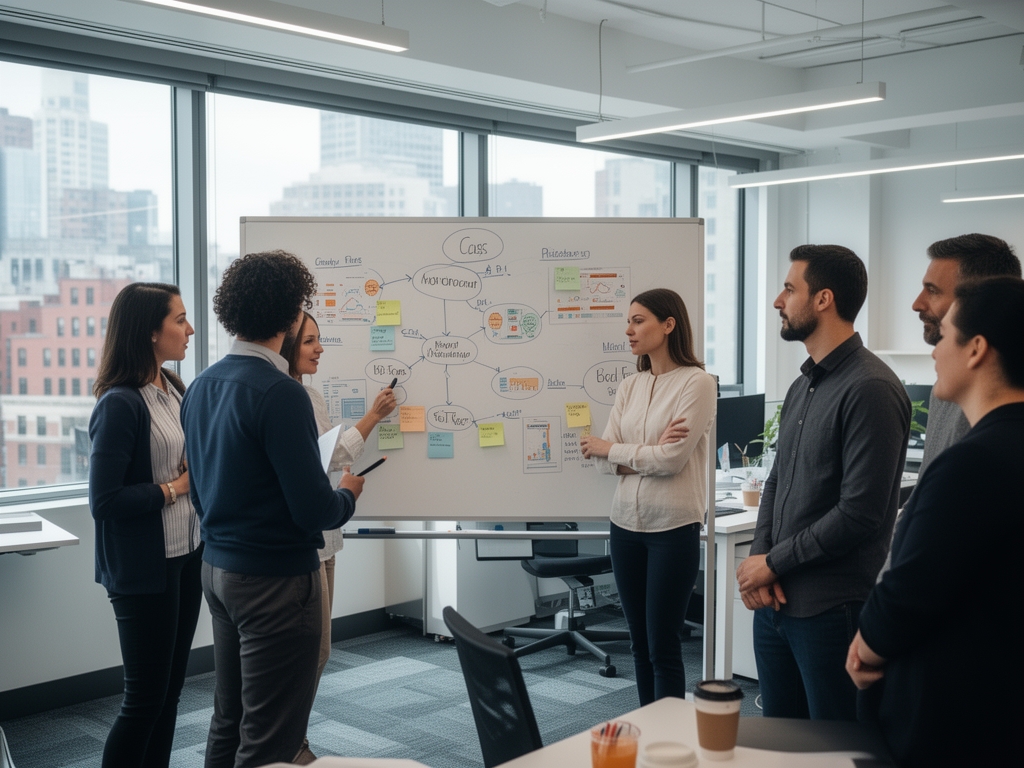 Команда Veltraxis обсуждает образовательный контент в современном офисе в Бостоне — несколько человек у доски с схемами и заметками