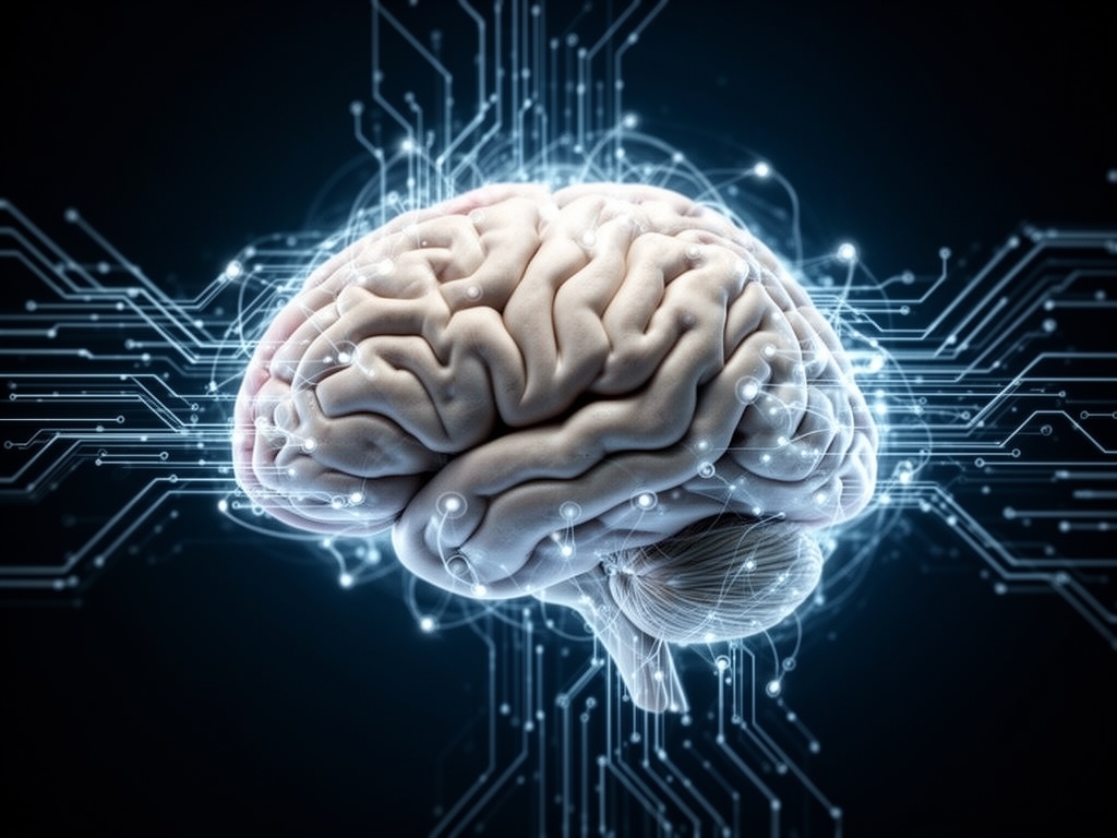 Концептуальная иллюстрация мозга, соединённого с цифровыми нейронными сетями и схемами — визуализация принципов искусственного интеллекта
