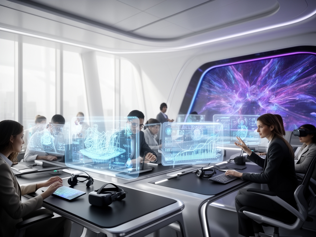 Футуристический офис с людьми, работающими рядом с голографическими AI-интерфейсами — визуализация профессий будущего с ИИ
