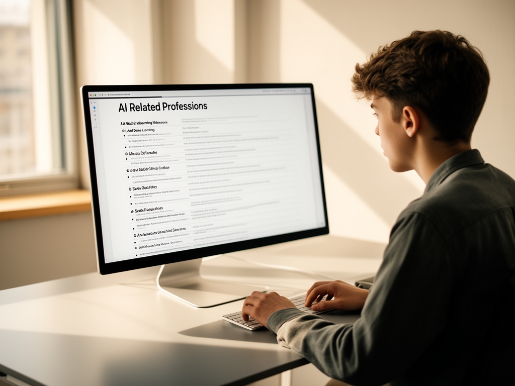 Молодой специалист за компьютером изучает AI-профессии — на экране список профессий в области ИИ и машинного обучения