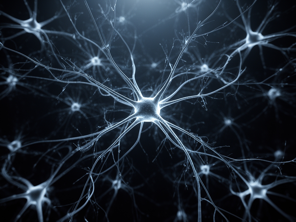 Концептуальная иллюстрация: светящиеся нейроны и нейронная сеть на тёмном фоне, визуализация работы искусственного интеллекта