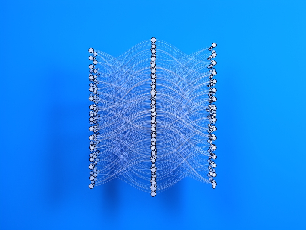 Схема нейронной сети на синем фоне — иллюстрация к курсу основ искусственного интеллекта