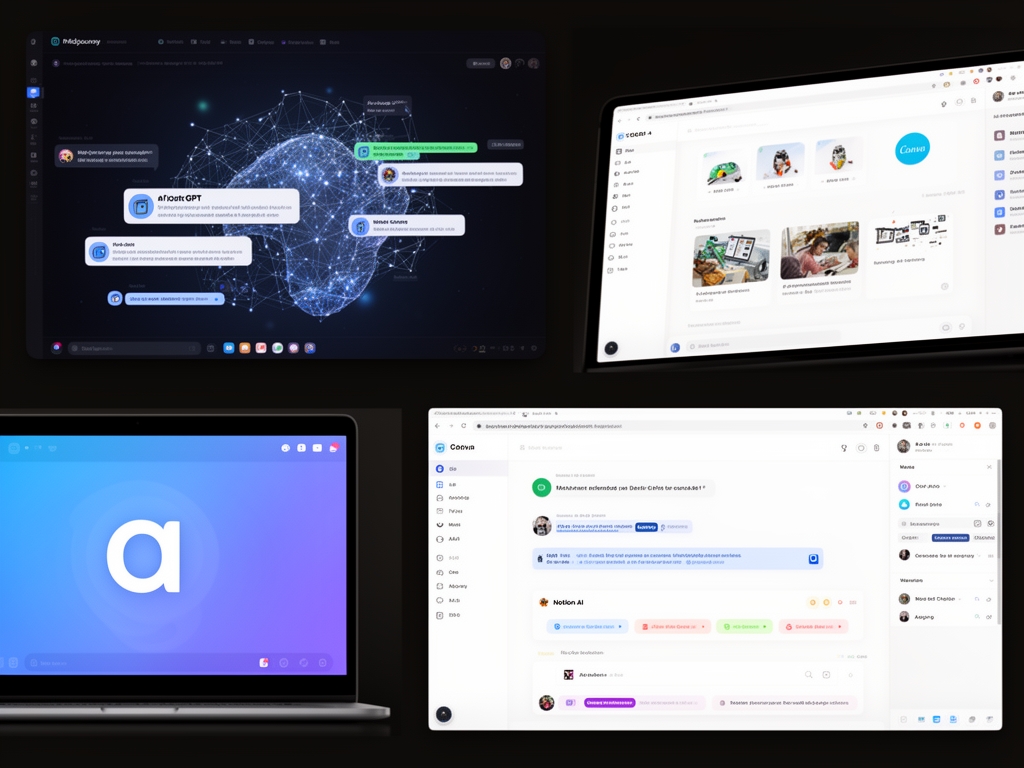 Коллаж из интерфейсов популярных AI-инструментов на экранах — Midjourney, ChatGPT, Canva, Notion AI — визуализация экосистемы AI-сервисов 2025