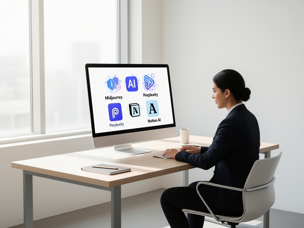 Набор иконок AI-инструментов на экране — Midjourney, Stable Diffusion, Perplexity, Notion AI, концептуальный коллаж