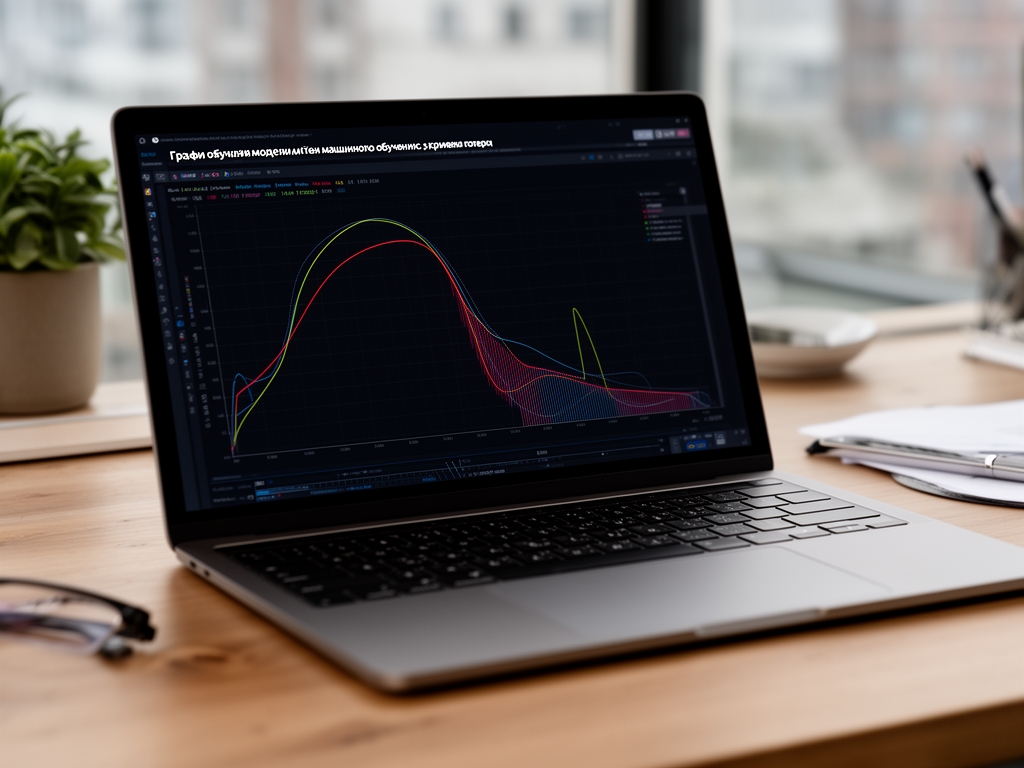 График обучения модели машинного обучения — кривая потерь на экране ноутбука, рабочее место аналитика данных