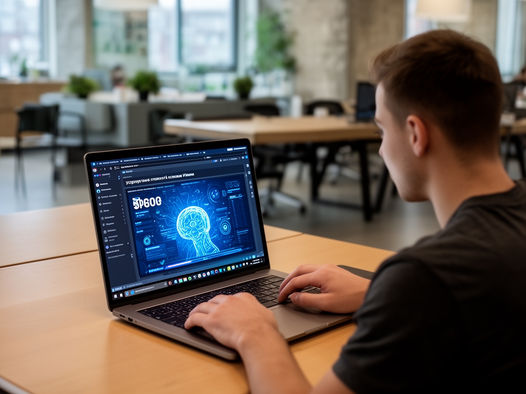 Интерфейс образовательной платформы Veltraxis — видеоурок по основам ИИ открыт на экране ноутбука, студент работает за столом в современном коворкинге
