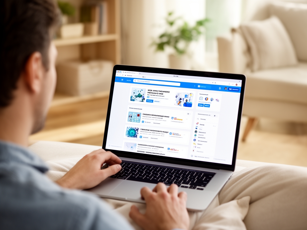 Человек проходит онлайн-урок по искусственному интеллекту за ноутбуком дома, светлая уютная комната, на экране образовательная платформа