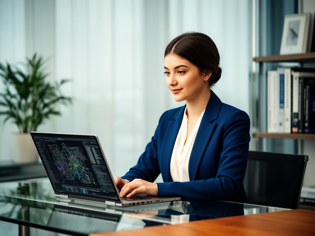 Анна Волкова — исследователь в области машинного обучения, женщина за рабочим столом с ноутбуком, портрет в современном офисе