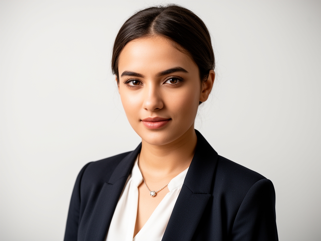 Виктория Соколова — специалист по AI-инструментам, уверенная женщина в профессиональной одежде, портрет в студии